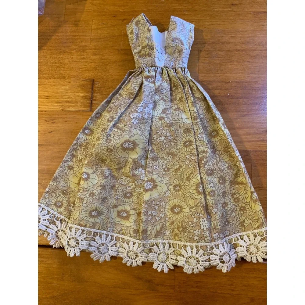 Vintage Barbie Clone Handmade?  Retro Sundress Lace Trim Gold & Brown